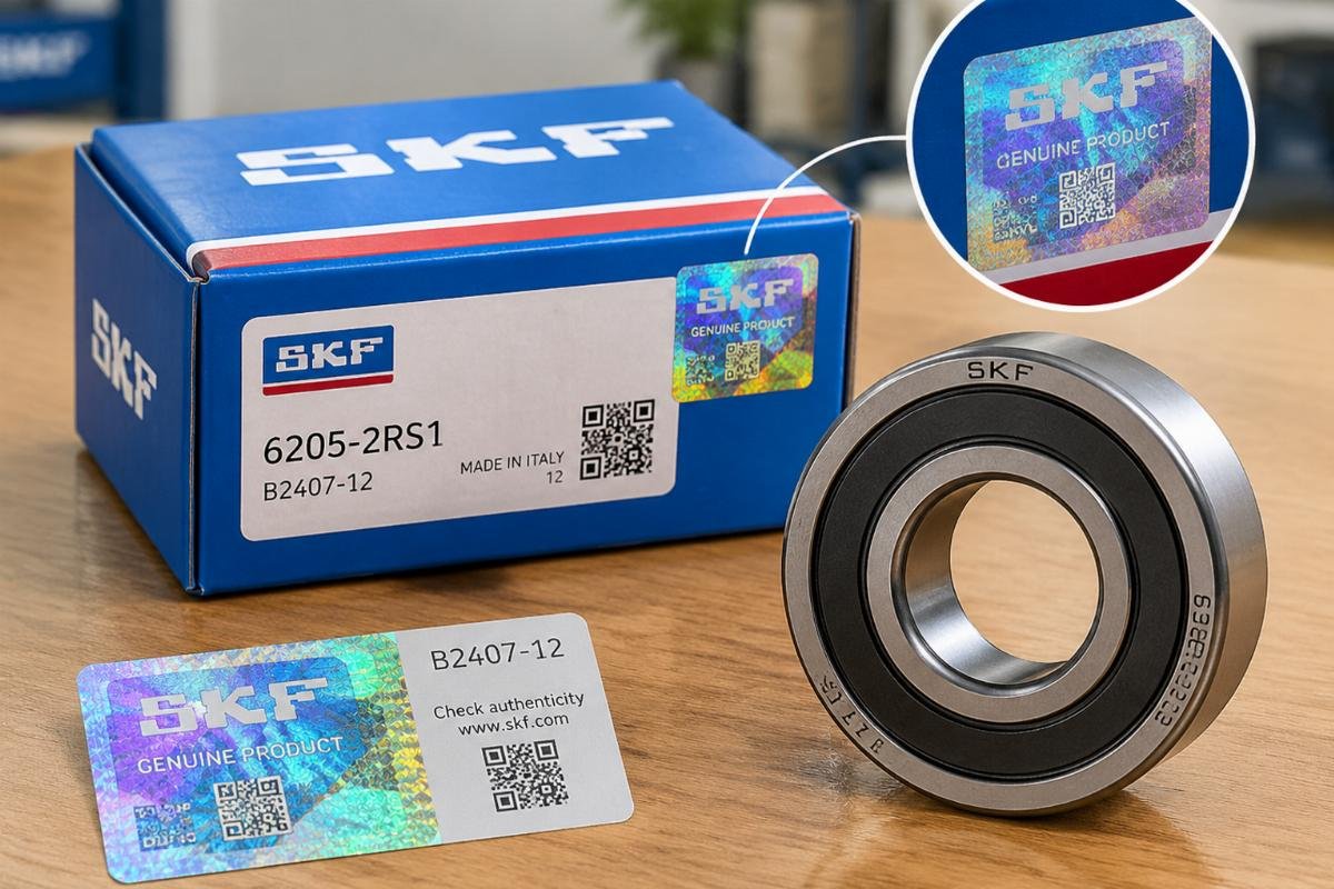Example of genuine bearing packaging with holographic security labels and batch codes