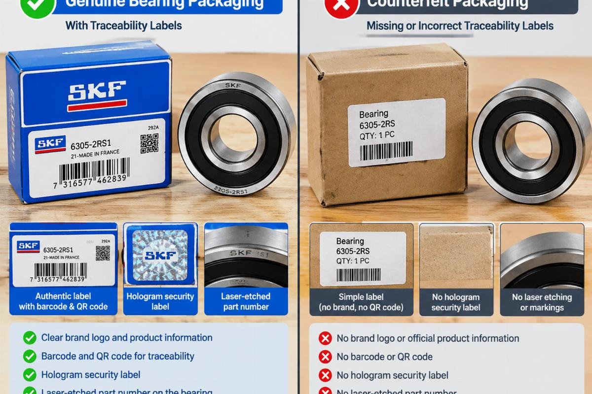 Example of genuine bearing packaging with traceability labels versus counterfeit packaging