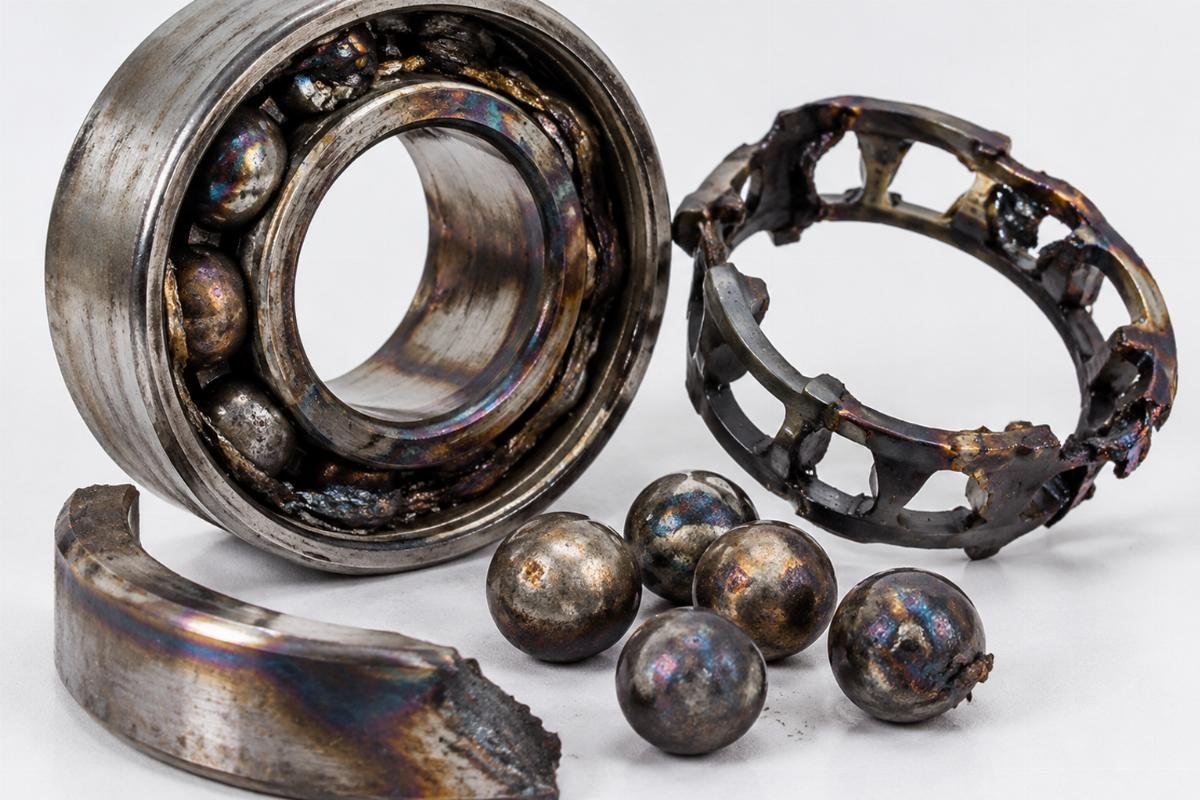 Failed bearing components showing cage deformation and heat damage