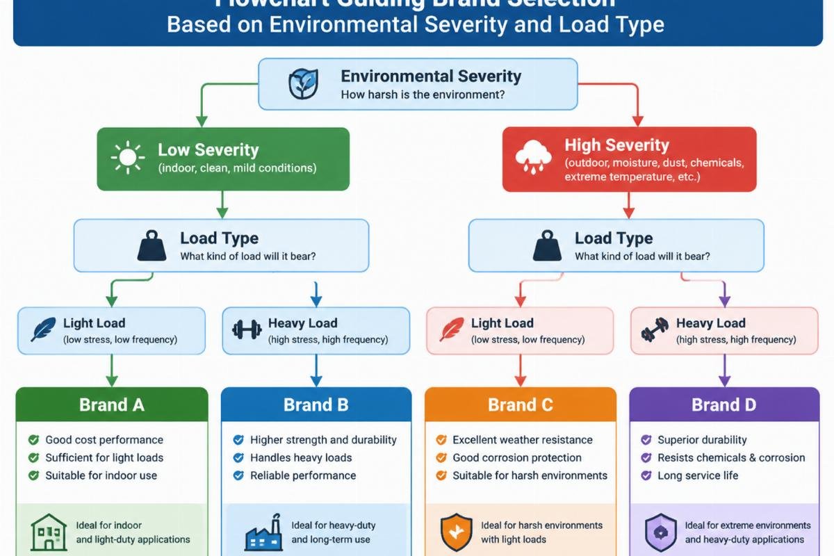 Flowchart guiding brand selection based on environmental severity and load type