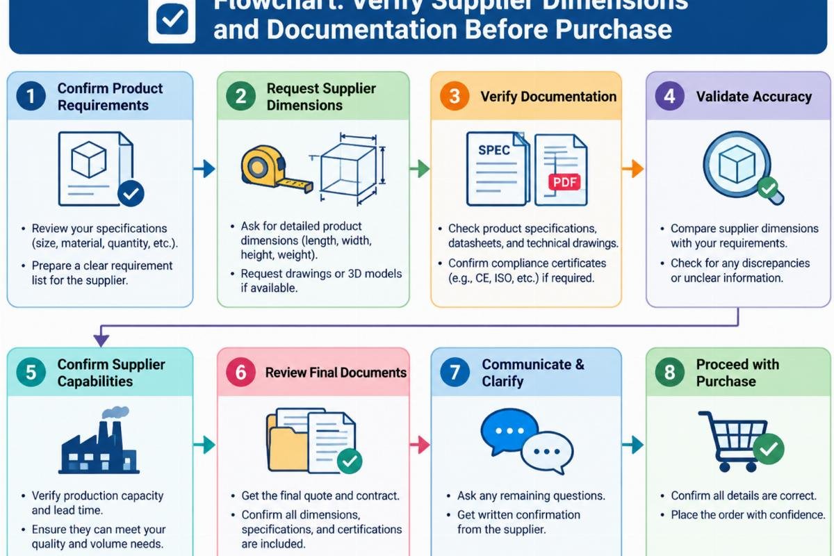 Flowchart showing steps for verifying supplier dimensions and documentation before purchase