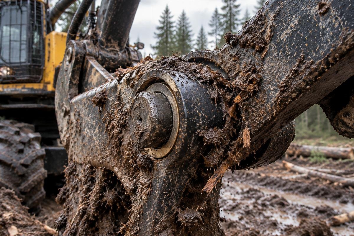 Forestry machine joint exposed to mud and debris illustrating environmental challenges for bushings