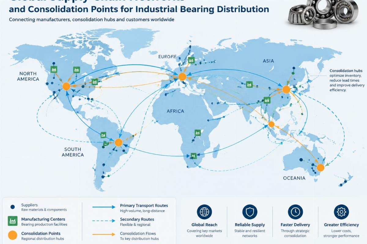 Global map showing supply chain networks and consolidation points for industrial bearing distribution