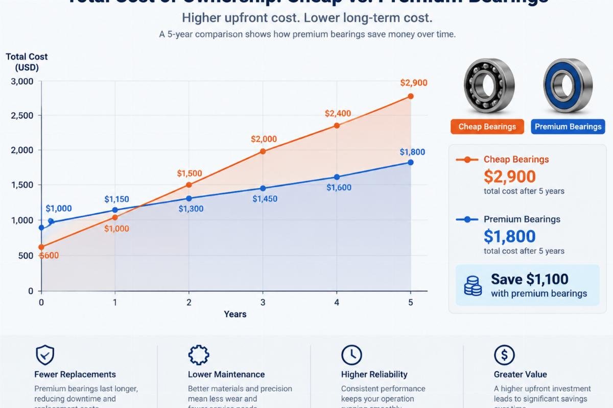 Graph comparing the total cost of ownership for cheap vs. premium bearings over a five-year period