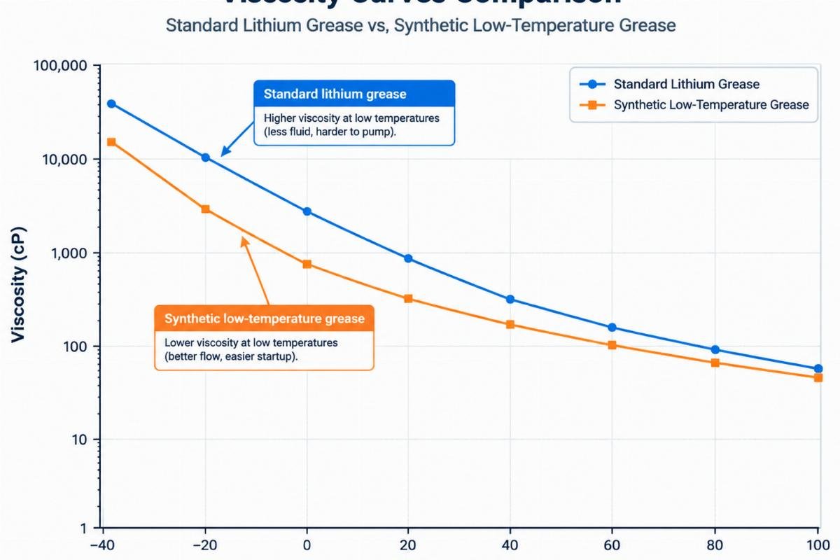 Graph comparing viscosity curves of standard lithium grease versus synthetic low-temperature grease across a temperature range