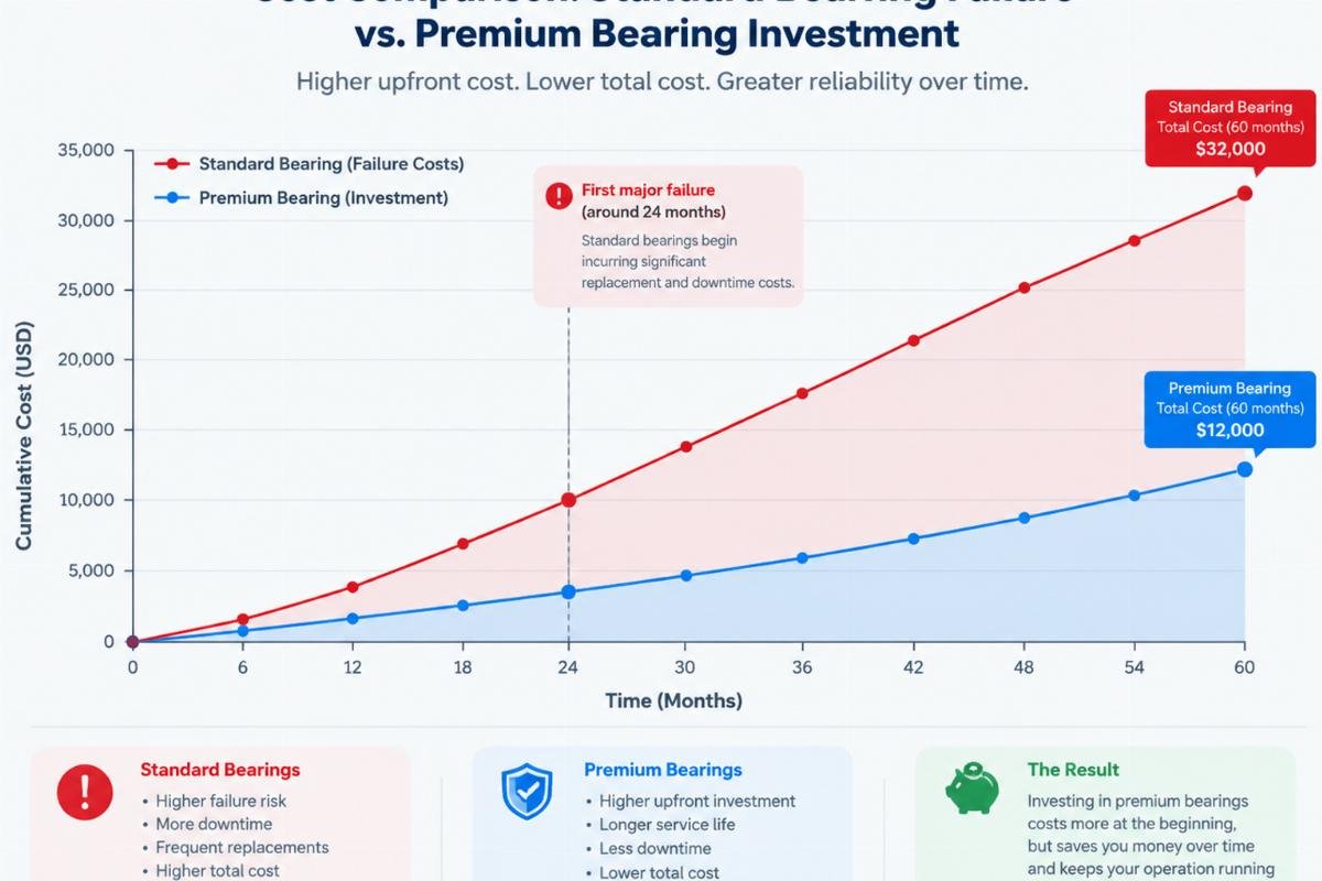 Graph illustrating cost comparison between standard bearing failure costs and premium bearing investment over time