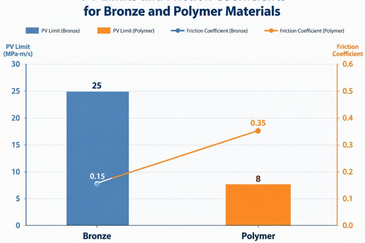 Graph illustrating PV limits and friction coefficients for bronze and polymer materials