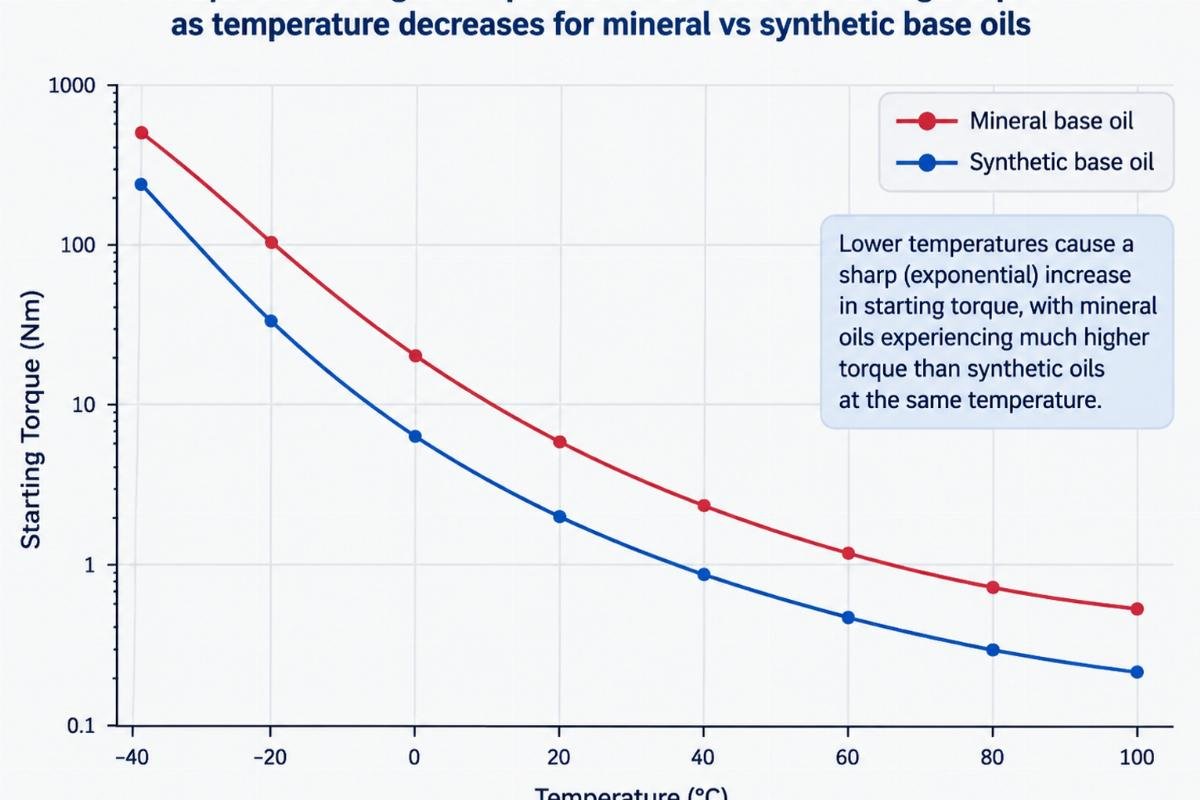 Graph illustrating the exponential increase in starting torque as temperature decreases for mineral vs synthetic base oils