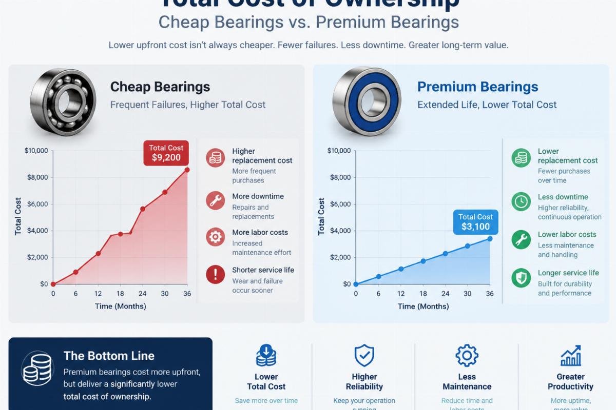Graph illustrating the total cost of ownership comparing cheap bearings with frequent failures versus premium bearings with extended life