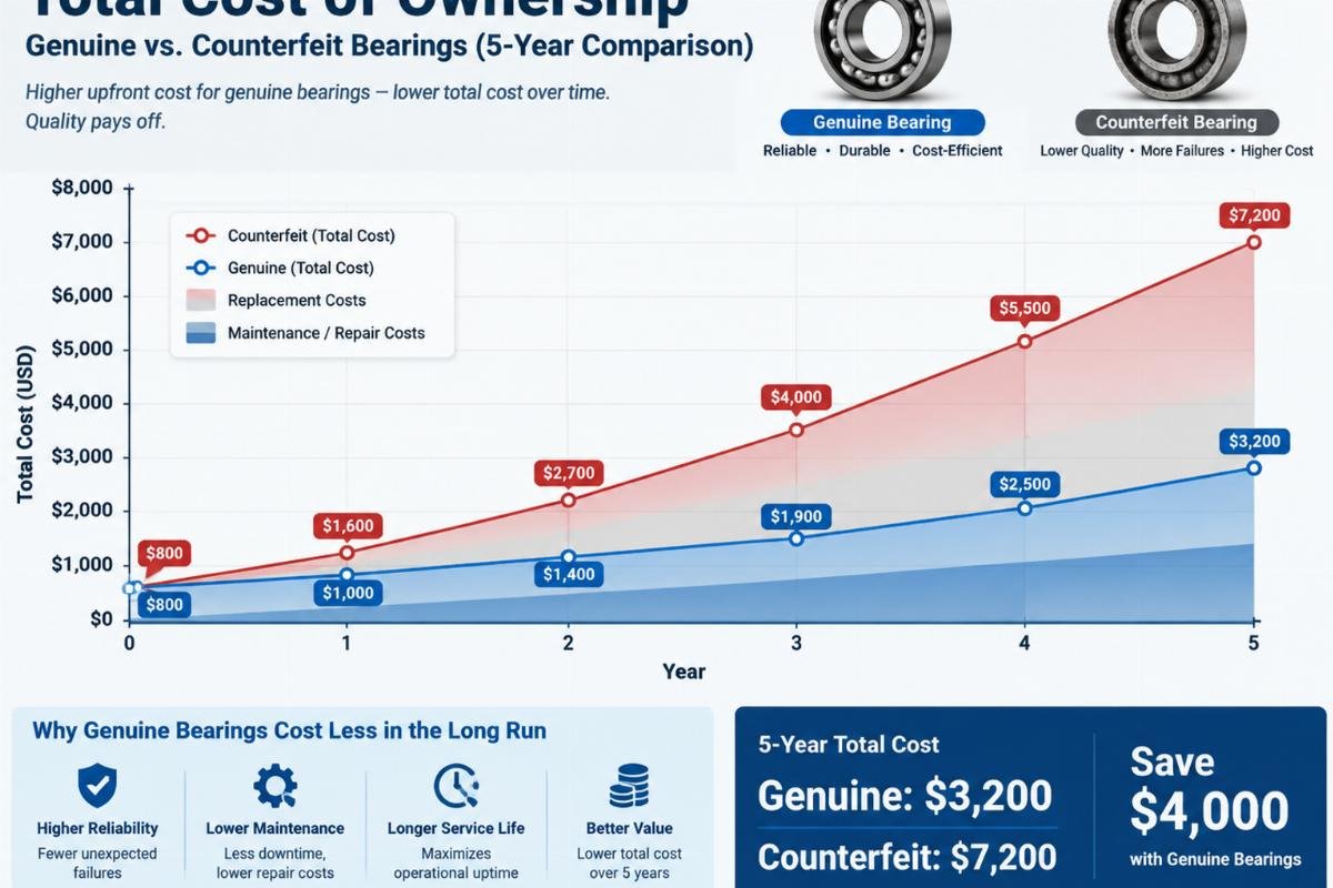 Graph illustrating the Total Cost of Ownership comparison between genuine and counterfeit bearings over a five-year period