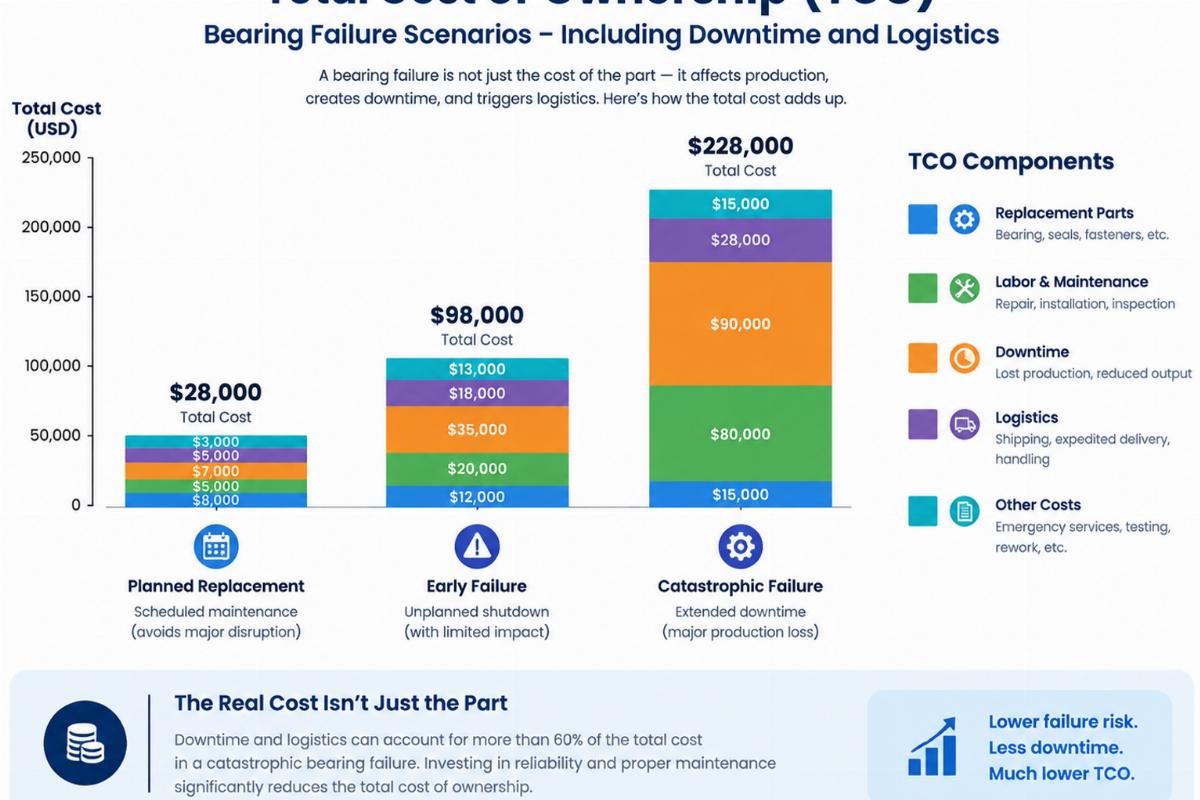 Graph illustrating total cost of ownership components including downtime and logistics for bearing failure scenarios