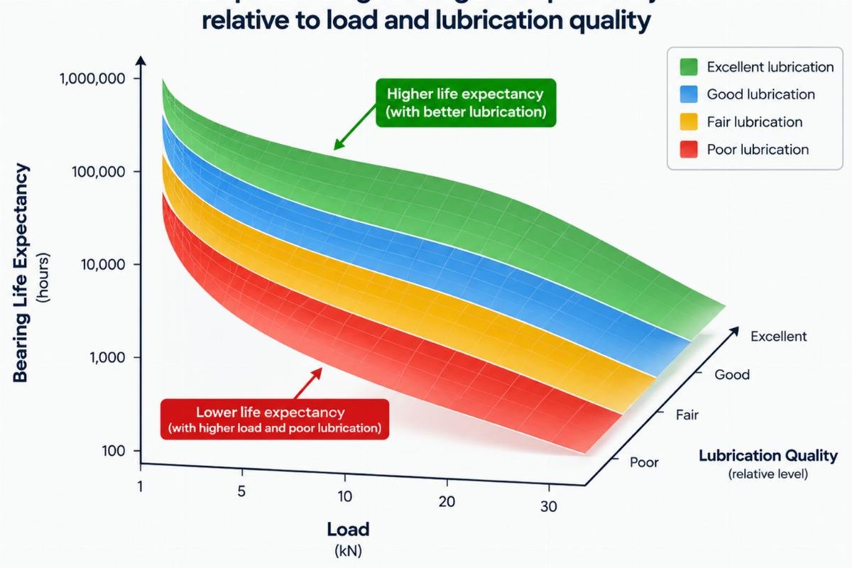 Graph showing bearing life expectancy relative to load and lubrication quality