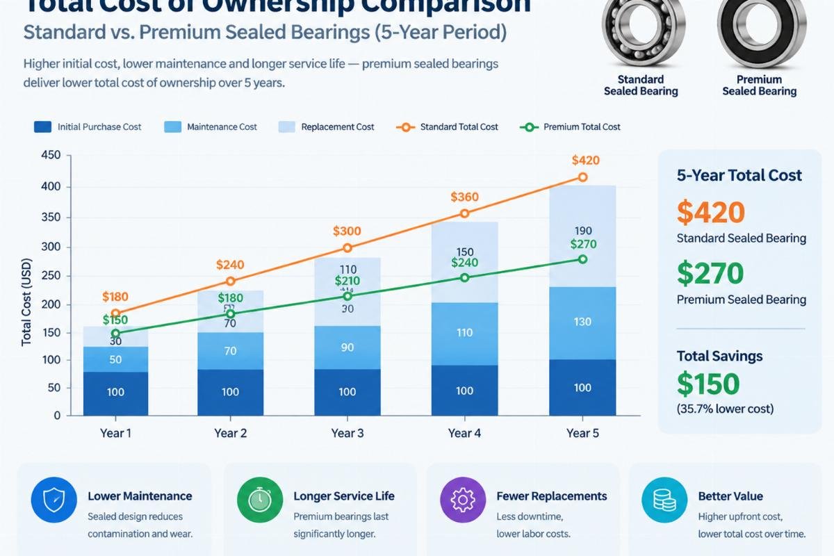 Graph showing the total cost of ownership comparison between standard and premium sealed bearings over a five-year period