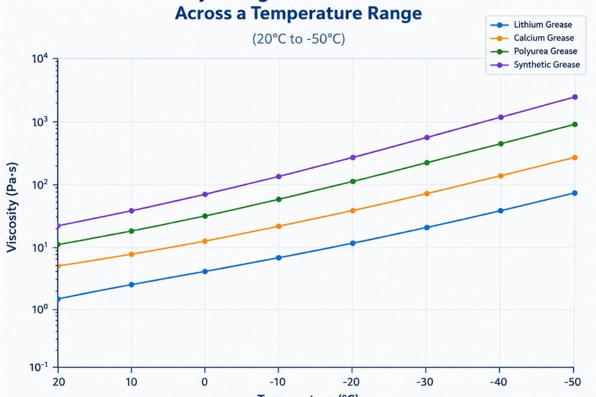 Graph showing viscosity changes of different greases across a temperature range from 20°C to -50°C