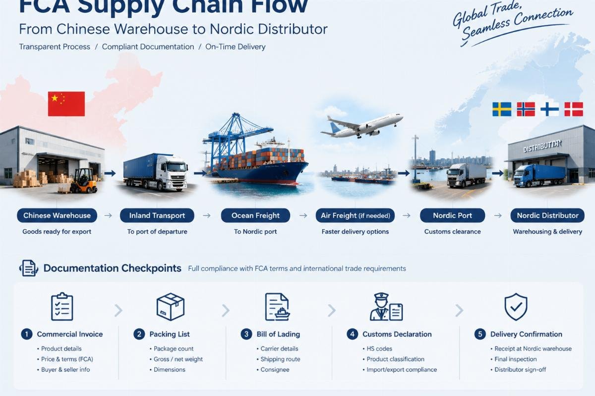 Graphic showing a seamless FCA supply chain flow from Chinese warehouse to Nordic distributor with clear documentation checkpoints