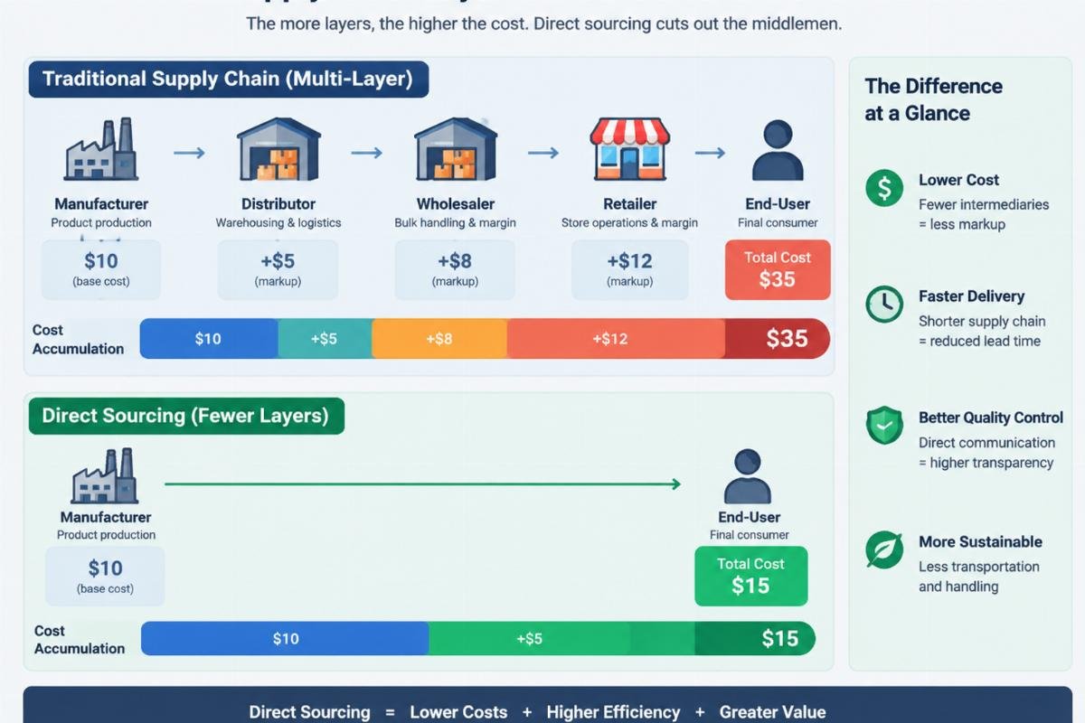 Graphical representation of supply chain layers showing cost accumulation from manufacturer to end-user versus direct sourcing