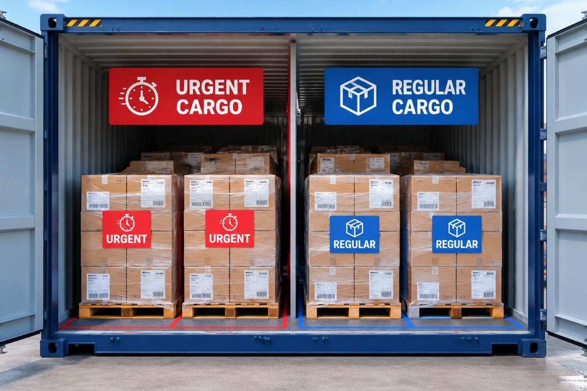 Illustration of a consolidated shipping container with clearly separated and labeled pallets for urgent and regular cargo