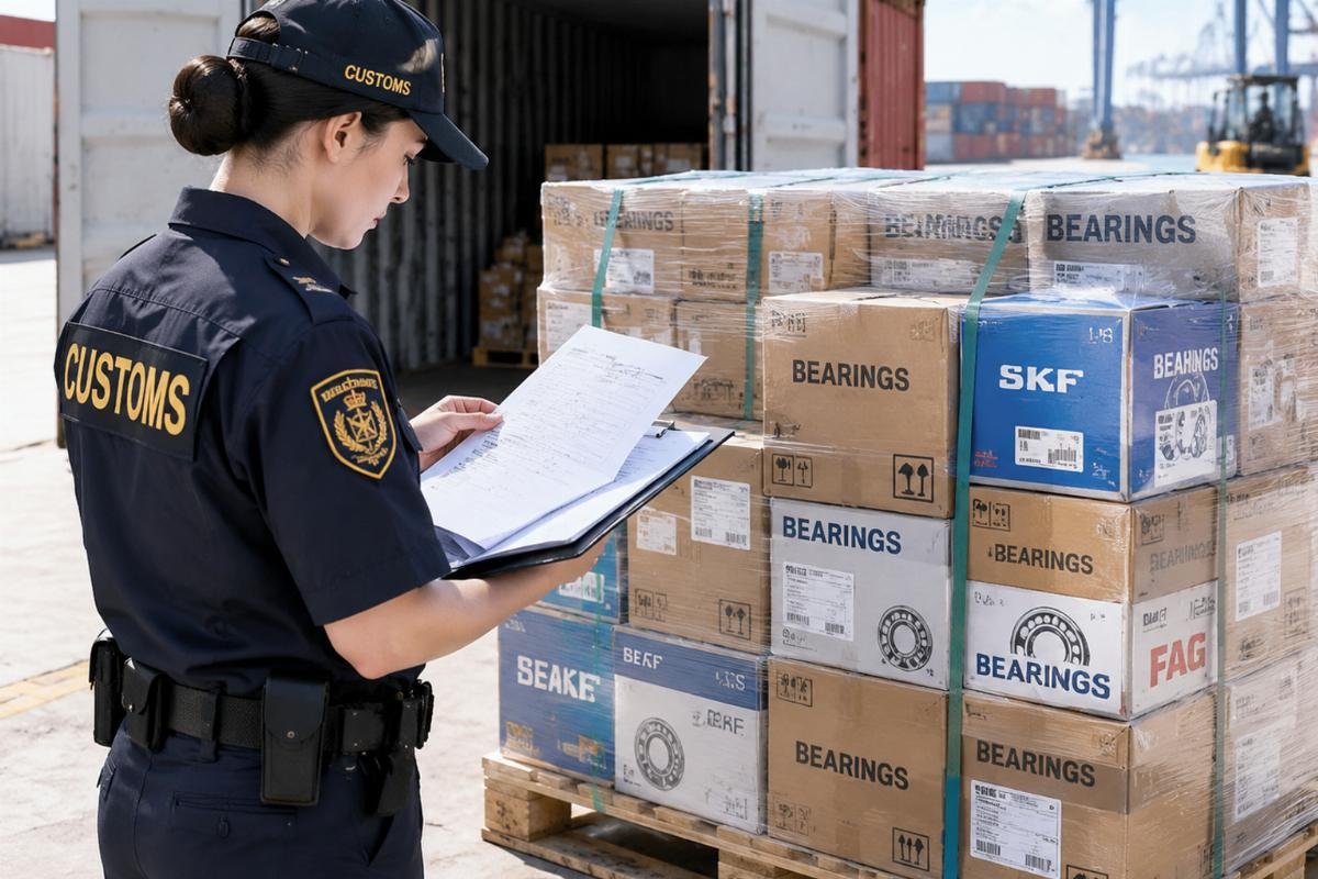 Illustration of a customs officer reviewing documents against a mixed pallet of bearing boxes