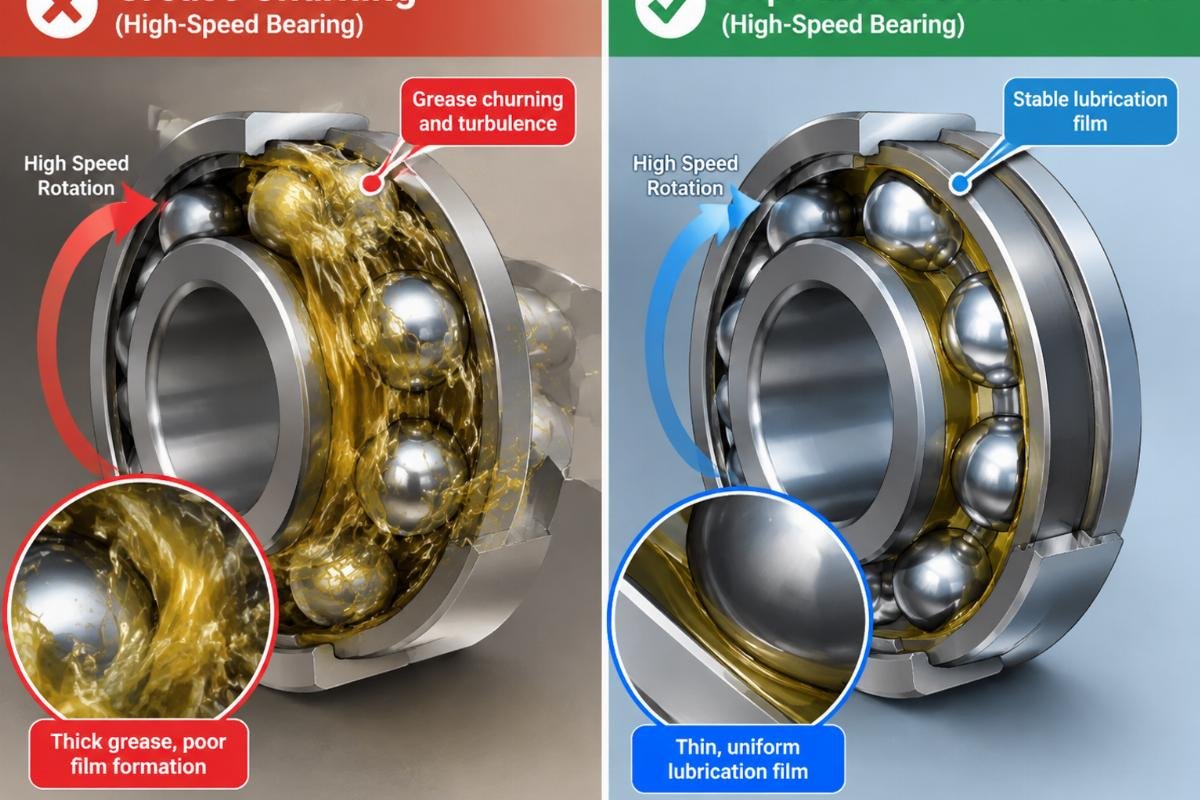 Illustration of grease churning in a high-speed bearing versus proper lubrication film formation