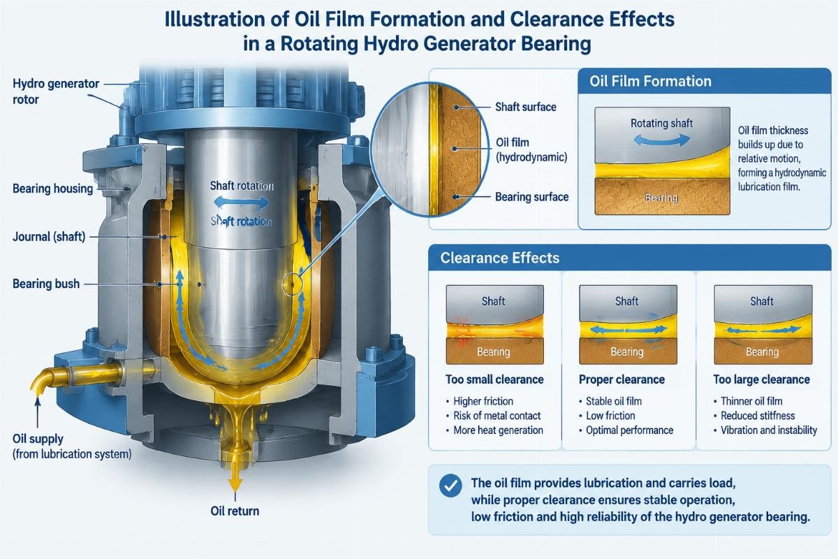 Illustration of oil film formation and clearance effects in a rotating hydro generator bearing