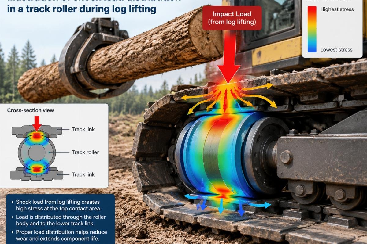 Illustration of shock load distribution in a track roller during log lifting