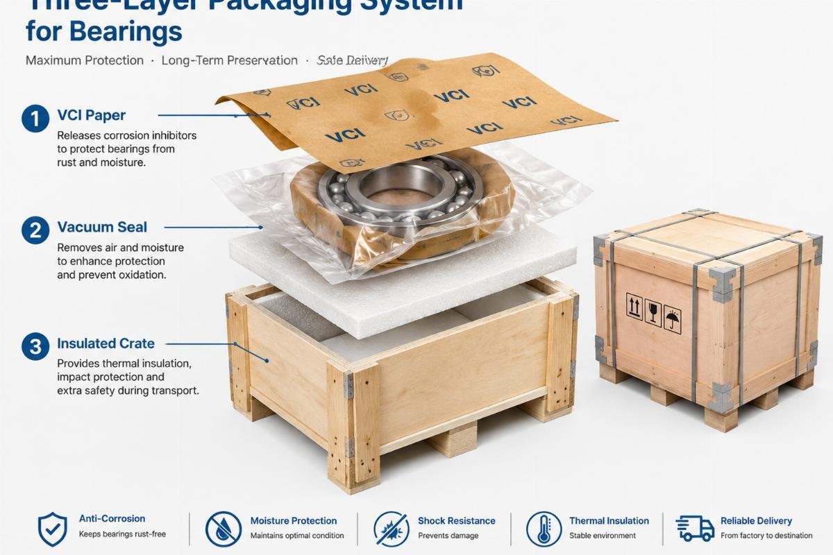Illustration of three-layer packaging system for bearings including VCI paper, vacuum seal, and insulated crate