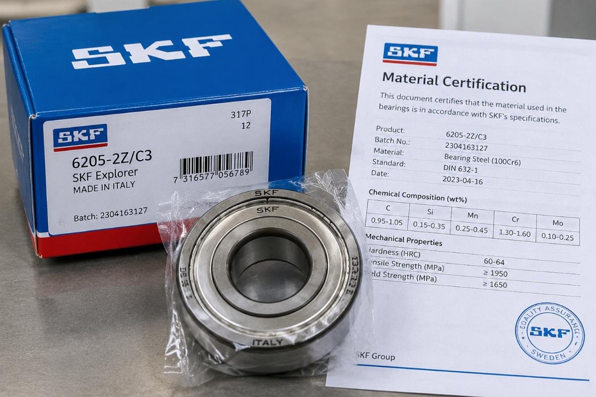 Image of a genuine bearing package with visible batch number and material certification document