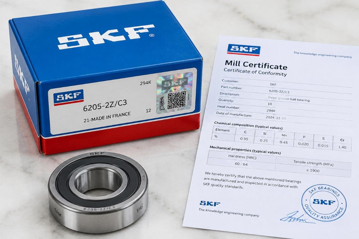 Image of a genuine SKF bearing box with holographic security label and accompanying mill certificate