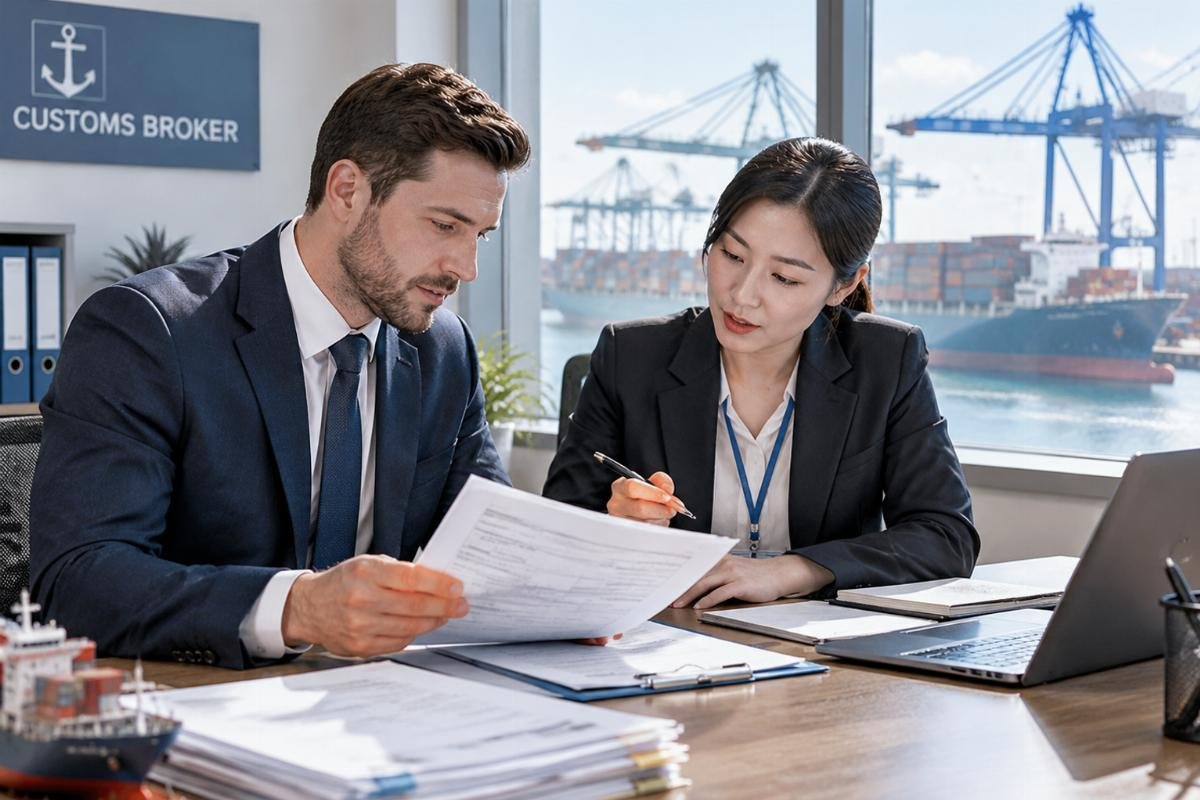Image of a logistics professional reviewing documents with a customs broker at a port office