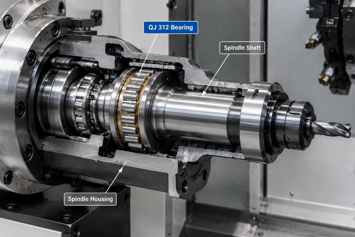 Image of a QJ 312 bearing installed in a machine tool spindle assembly