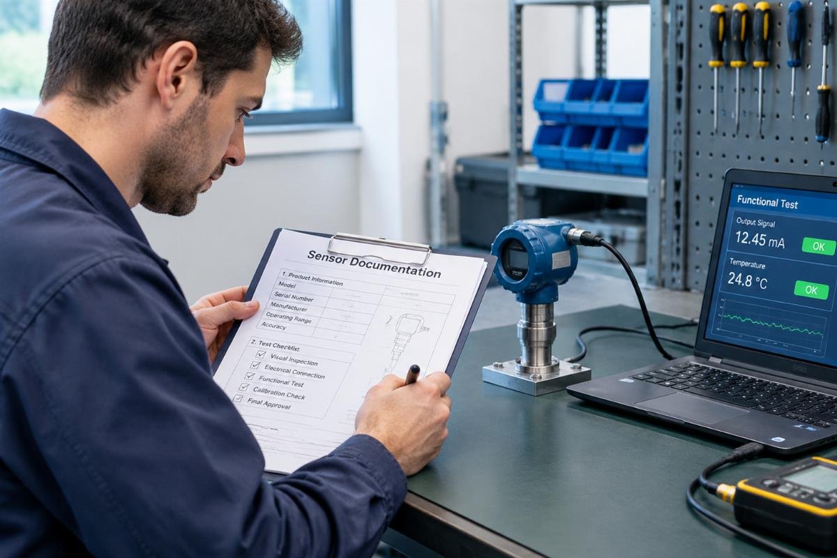 Image of a technician verifying sensor documentation and performing a basic functional test