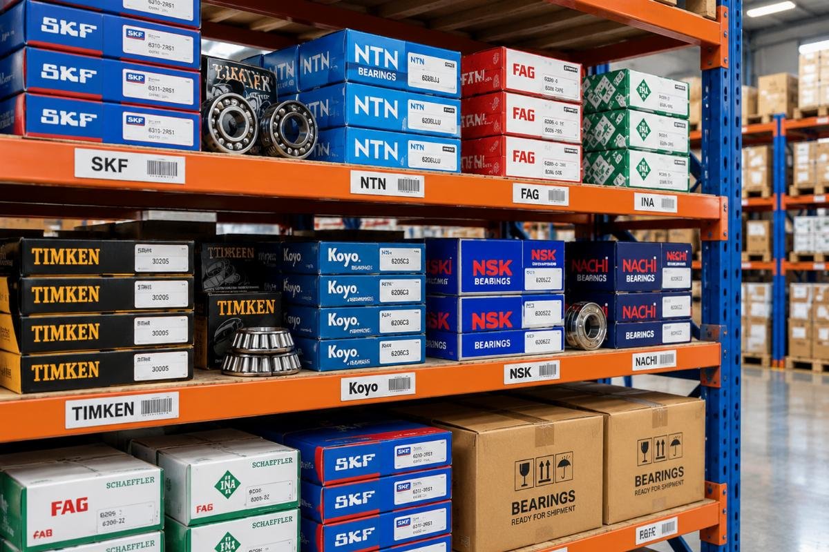Image of a well-organized warehouse shelf displaying various brands of industrial bearings ready for shipment