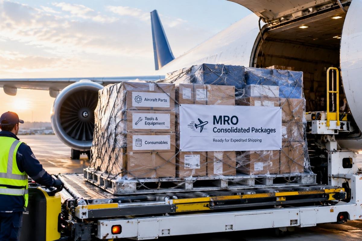 Image of an air freight cargo pallet being loaded, highlighting consolidated MRO packages ready for expedited shipping