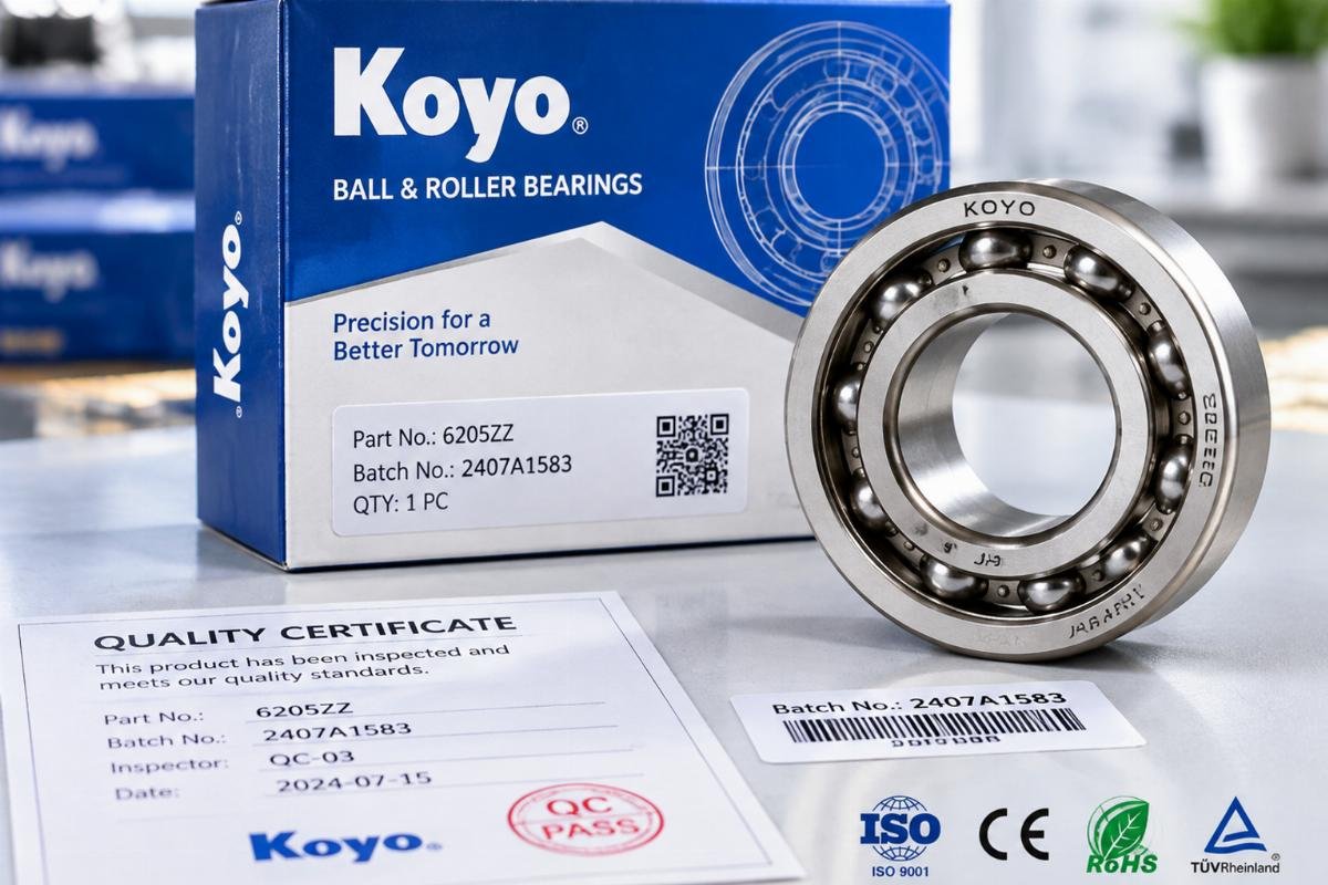 Image of bearing packaging with visible batch numbers and quality certification labels