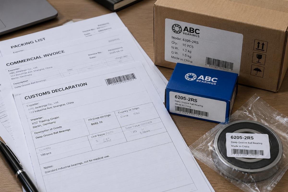 Image of customs documentation forms alongside bearing packaging showing consistent labeling