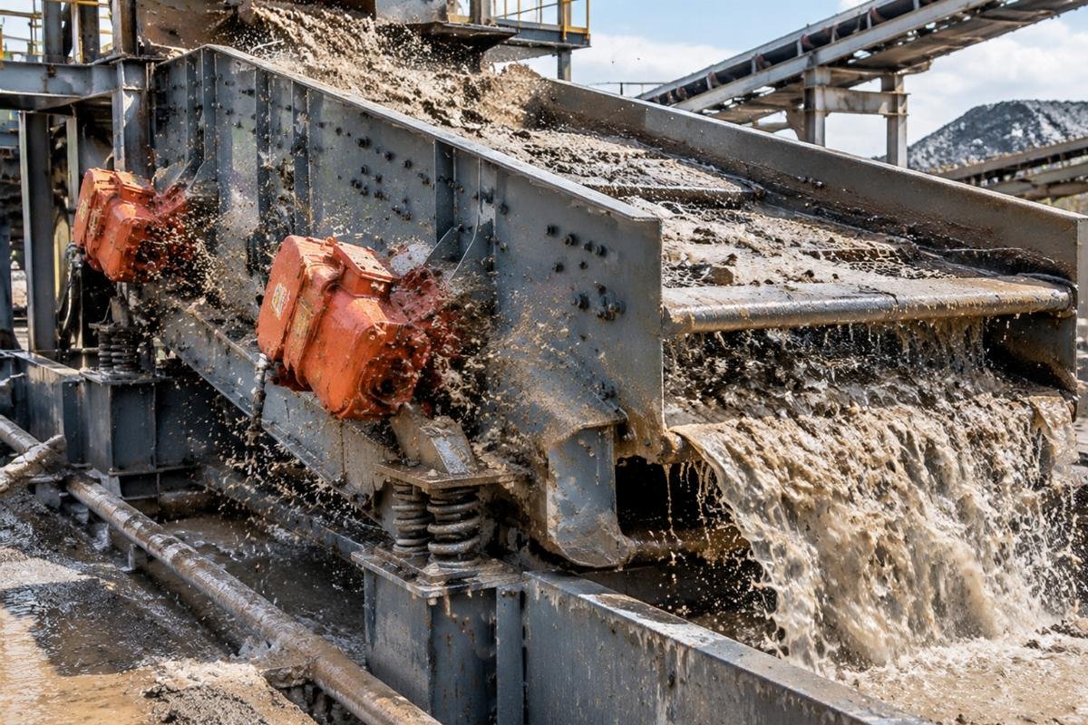 Industrial scene showing a vibrating screen in a wash plant with visible slurry splash around bearing housings