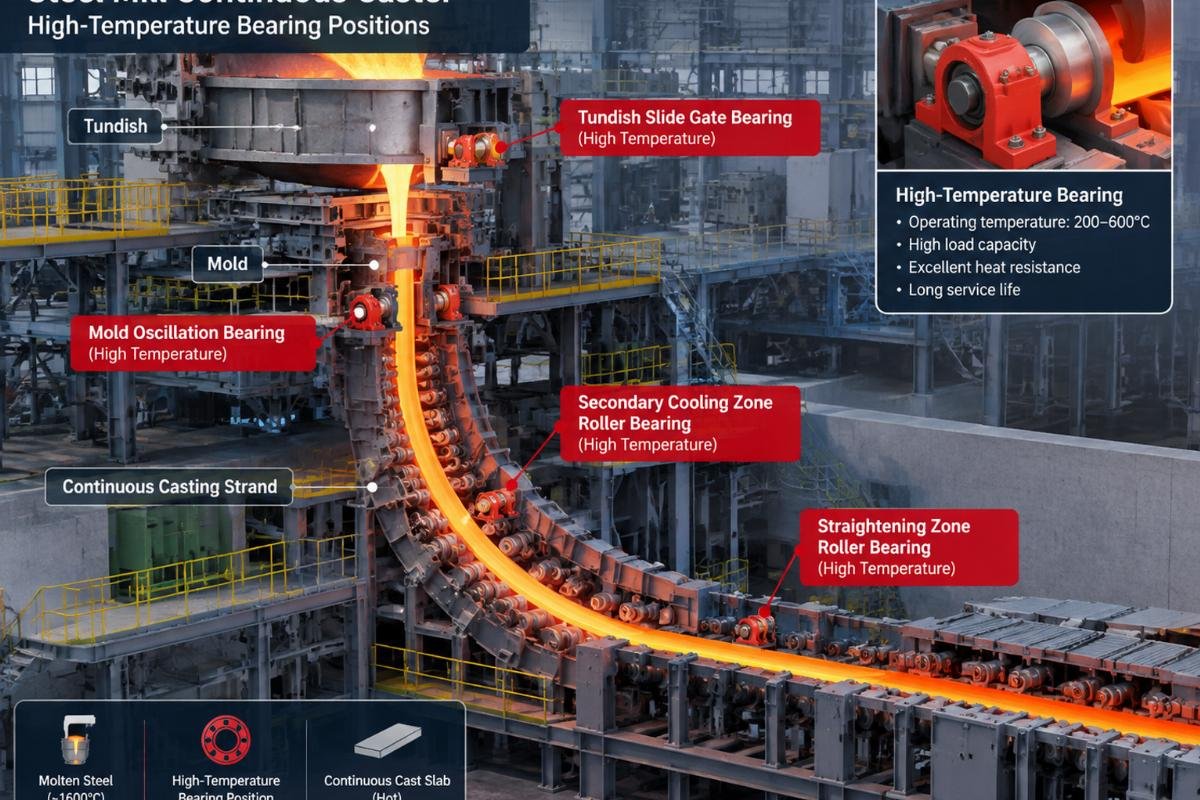 Industrial steel mill continuous caster section highlighting high-temperature bearing positions