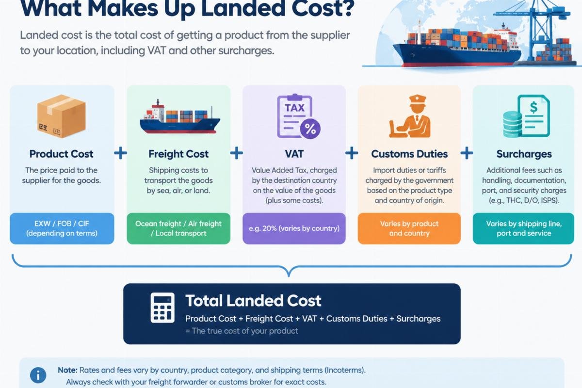 Infographic detailing the components of landed cost including VAT and surcharges