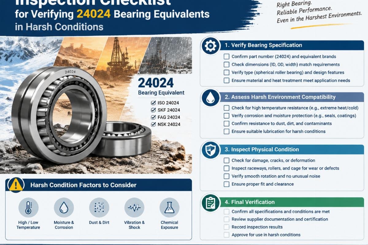 Inspection checklist graphic for verifying 24024 bearing equivalents in harsh conditions