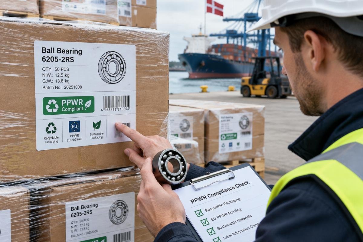 Inspection of bearing packaging labels at a Danish port facility showing PPWR compliance marks