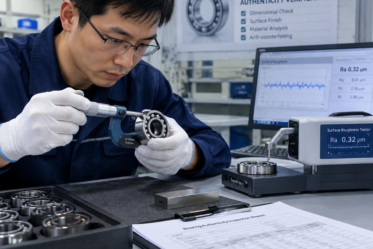 Inspector using precision micrometers and surface roughness testers to verify bearing authenticity