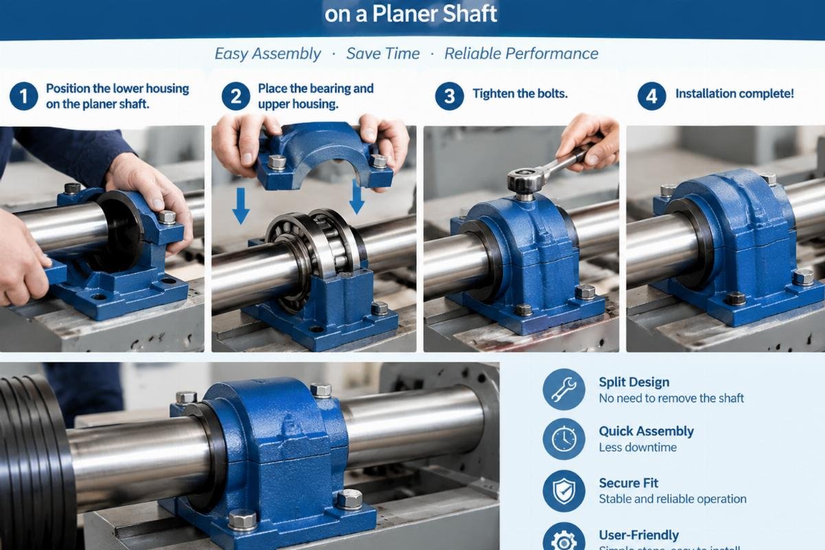Installation process of a split pillow block housing on a planer shaft showing ease of assembly