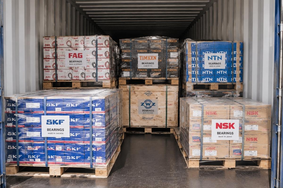 Interior view of a shipping container loaded with mixed brands of bearings on secure pallets