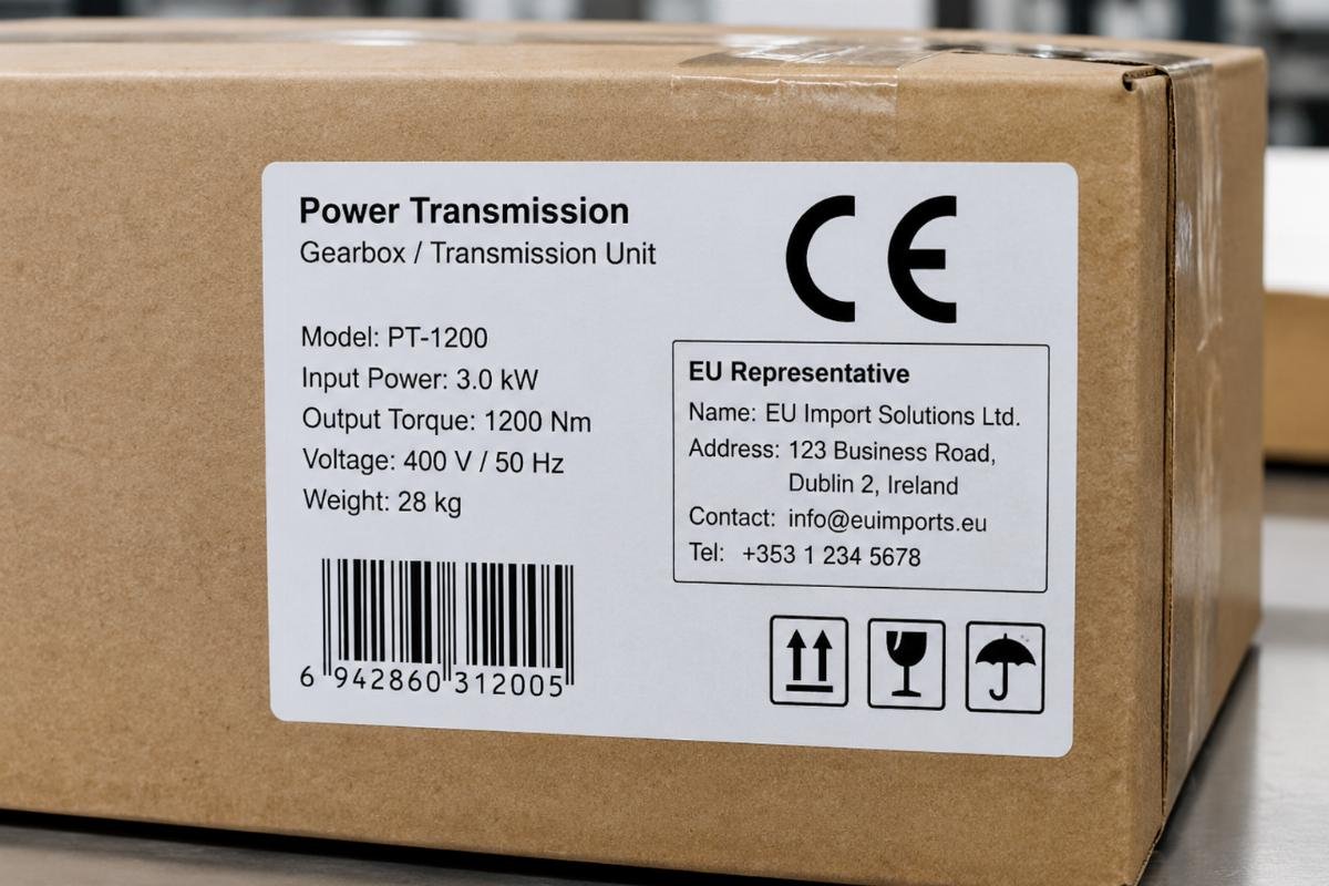 Label example showing CE mark and EU Representative contact details on power transmission packaging