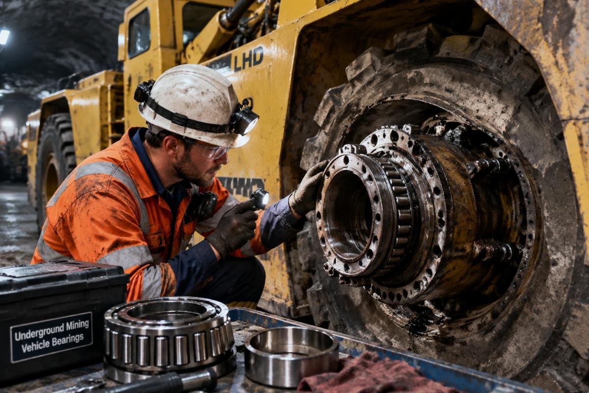 Maintenance technician inspecting a failed wheel hub assembly on an LHD loader using underground mining vehicle bearings