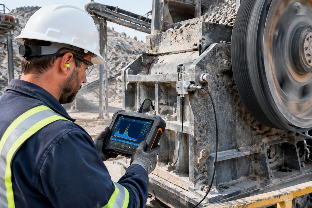 Maintenance technician performing vibration analysis on a running crusher using a handheld diagnostic tool