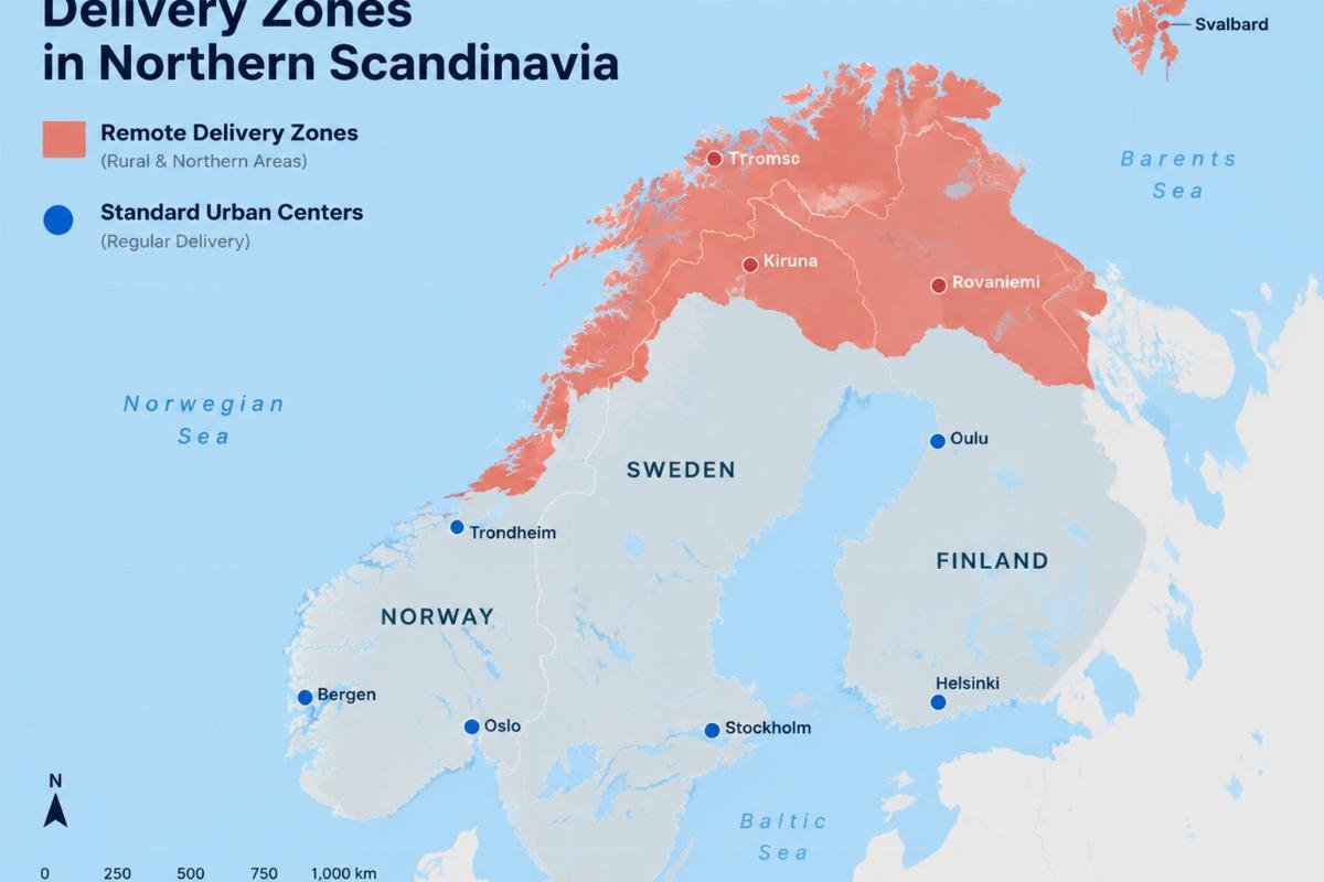 Map highlighting remote delivery zones in Northern Scandinavia versus standard urban centers