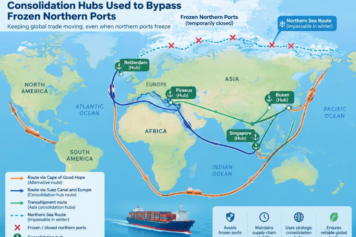 Map showing alternative shipping routes and consolidation hubs used to bypass frozen northern ports
