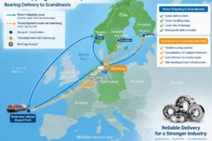 Map showing direct shipping routes versus transshipment hubs like Hamburg for bearing delivery to Scandinavia