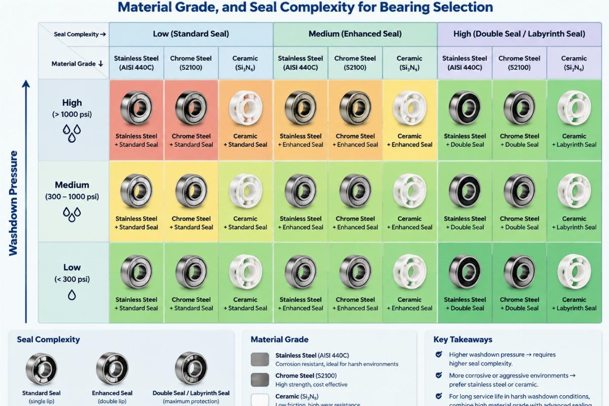 Matrix chart illustrating the relationship between washdown pressure, material grade, and seal complexity for bearing selection